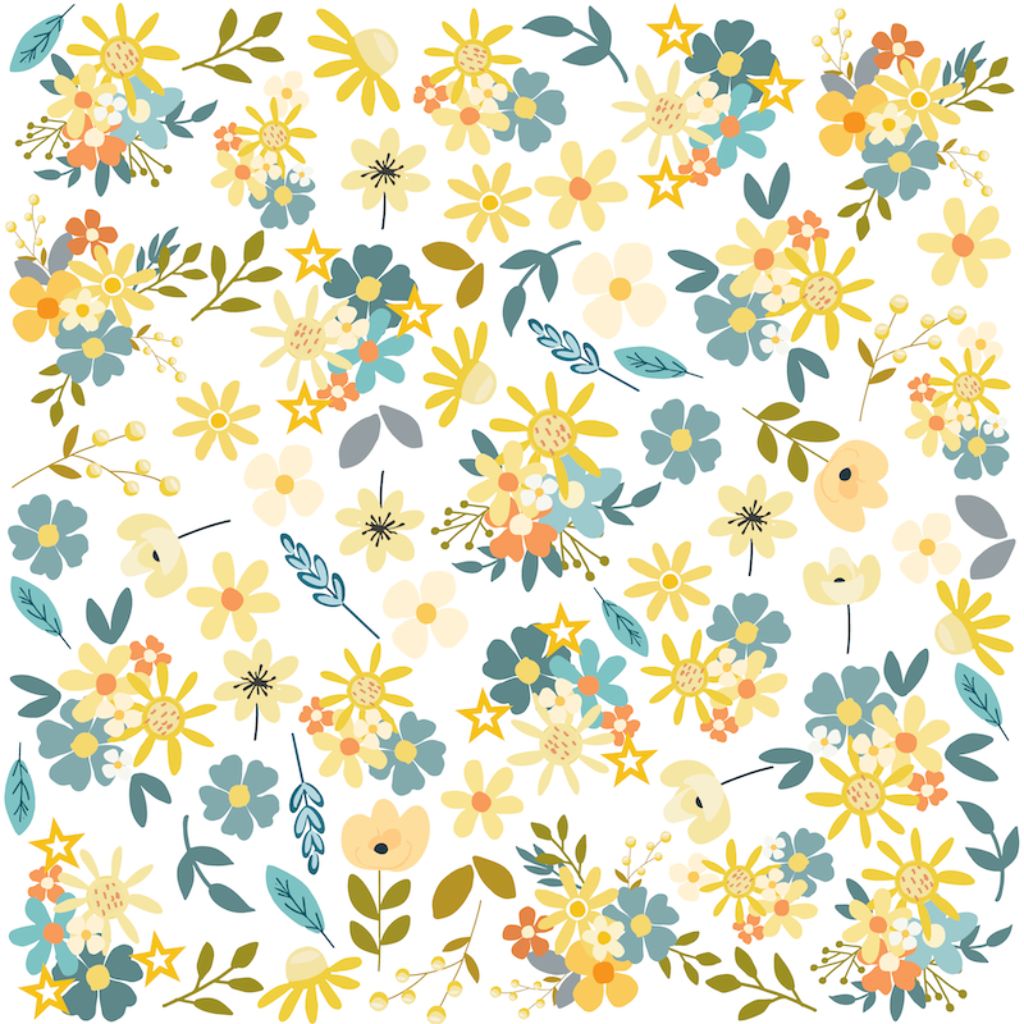 Front of Star Shine paper featuring yellow, orange and teal florals with yellow stars and botanical sprigs on white background