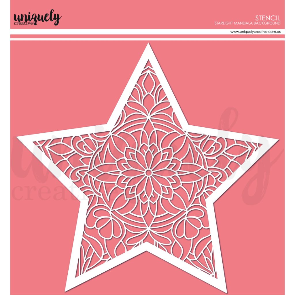 Uniquely Creative Starlight Mandala Background Stencil showing intricate five-pointed star filled with layered mandala design featuring petals, curves and geometric patterns on 11x11 reusable plastic stencil