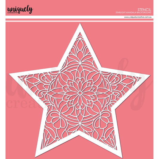Uniquely Creative Starlight Mandala Background Stencil showing intricate five-pointed star filled with layered mandala design featuring petals, curves and geometric patterns on 11x11 reusable plastic stencil