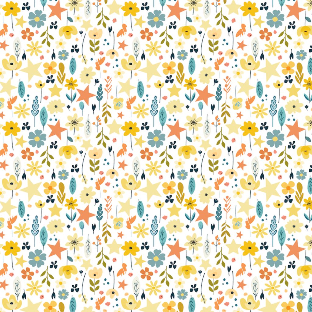 Front of Starlit Garden paper featuring yellow, orange and teal florals with coral and yellow stars in vertical pattern on white background