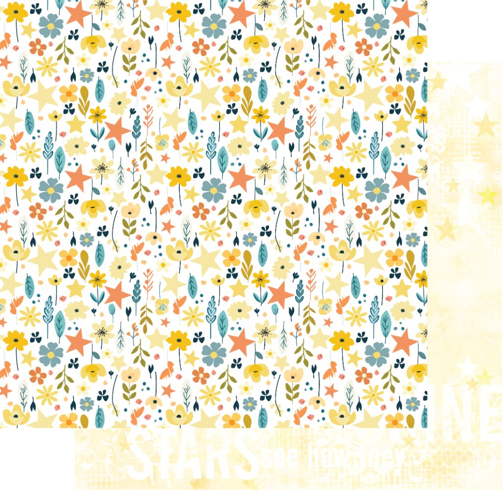 Uniquely Creative Starlit Garden scrapbook paper showing vertical floral and star pattern with soft yellow textured reverse on 12x12 double-sided cardstock