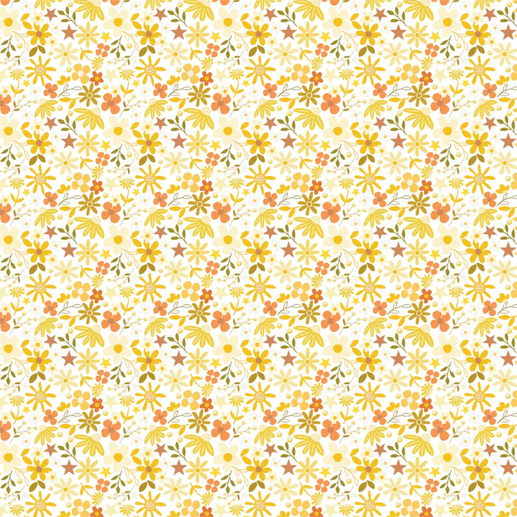 Front of Starry Eyed paper featuring yellow, orange and green floral clusters with scattered stars on cream background
