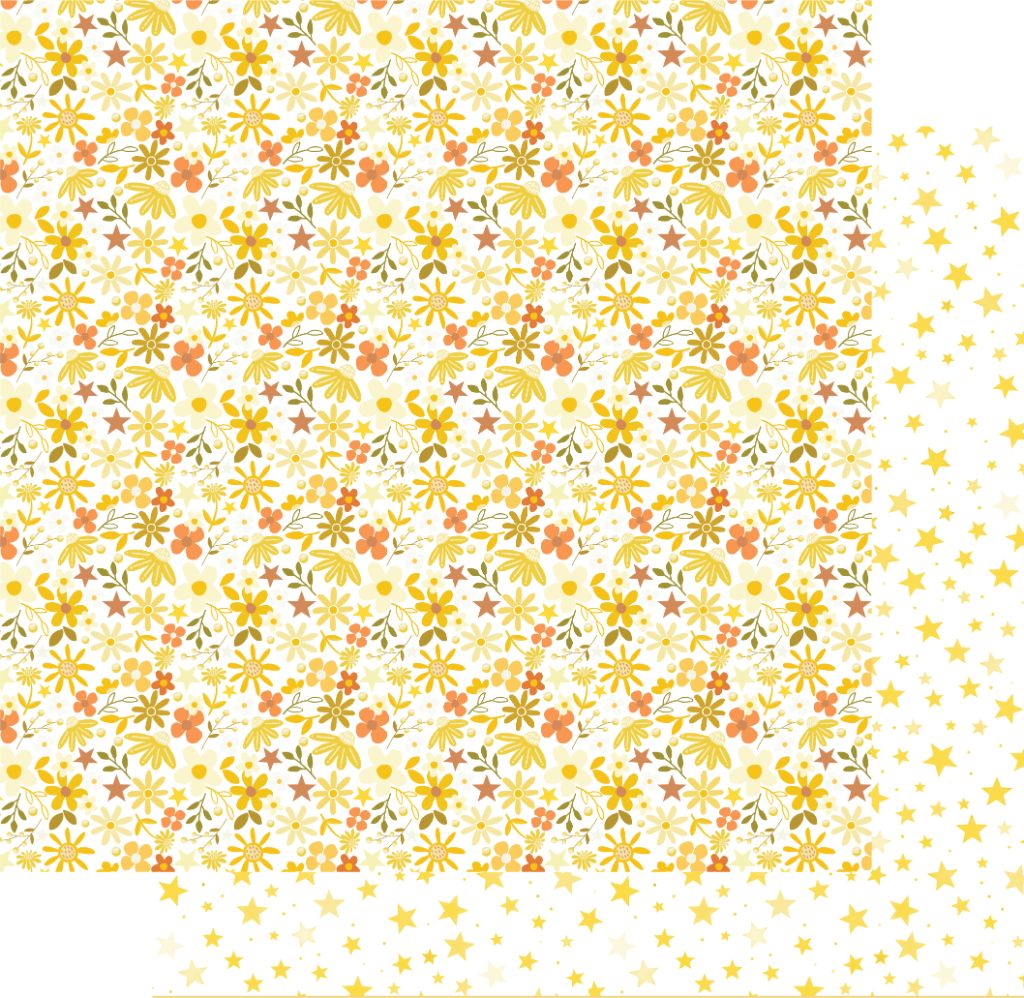 Uniquely Creative Starry Eyed scrapbook paper showing floral pattern with yellow stars and scattered star reverse on 12x12 double-sided cardstock