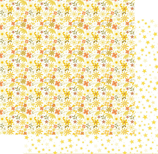 Uniquely Creative Starry Eyed scrapbook paper showing floral pattern with yellow stars and scattered star reverse on 12x12 double-sided cardstock