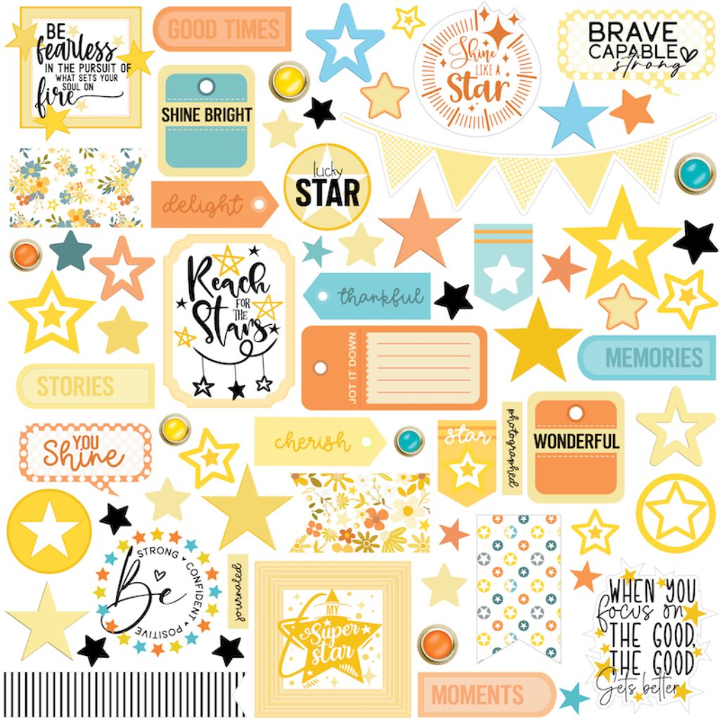 Front of Superstar paper featuring Be Fearless, Reach for the Stars sentiments, decorative tags, bunting, and star motifs in yellow, orange, aqua and black