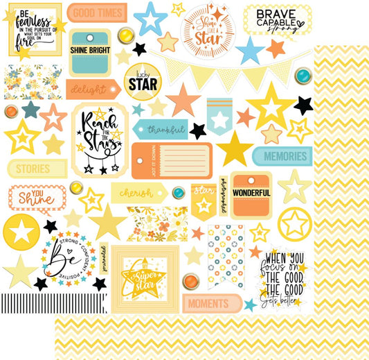 Uniquely Creative Superstar scrapbook paper showing cut-apart tags, stars, sentiments and yellow chevron pattern on 12x12 double-sided cardstock