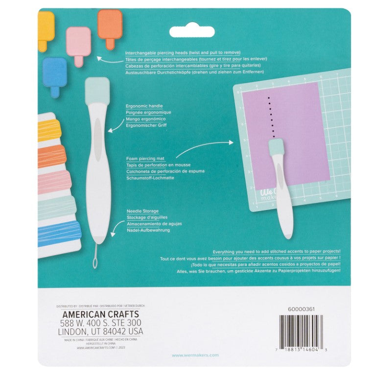 We R Makers Sew Easy Kit packaging back showing features including interchangeable heads, ergonomic handle and foam mat