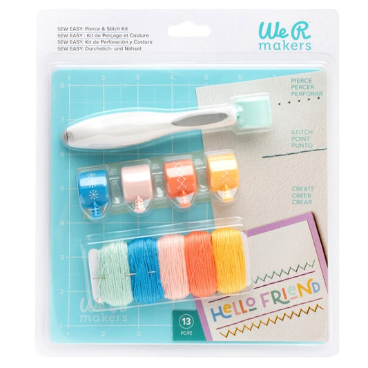 We R Makers Sew Easy Kit with white piercing tool, 5 colourful stitch roller heads, embroidery thread and foam mat