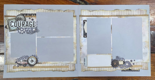 Double page scrapbooking layout using Wings and Wheels papers with steampunk gear embellishments, compass and Courage title, displayed on a timber surface 