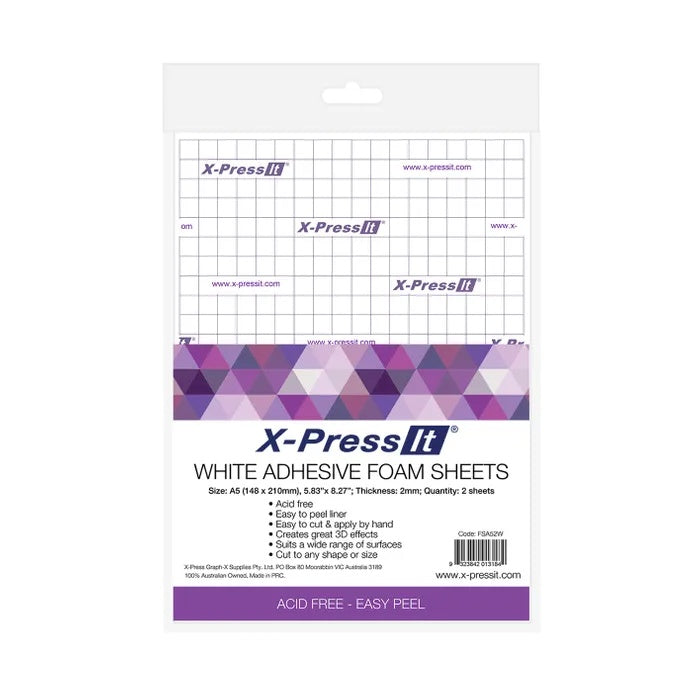 Packaging of X-Press It white adhesive foam sheets with geometric design on a white background.