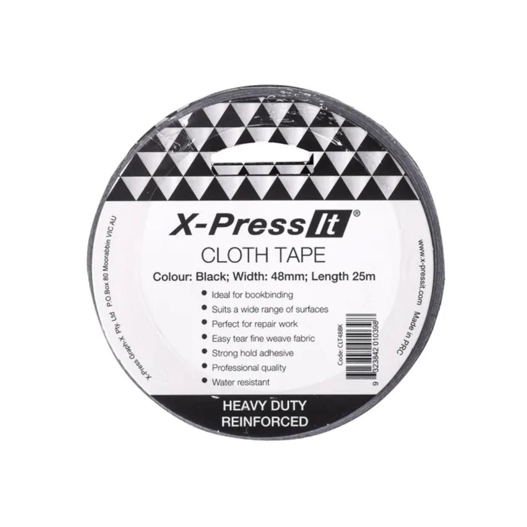 X-Press It 48mm wide black cloth tape with black and white label on a white background