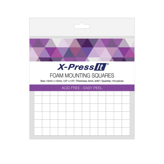 X-Press It 12mm Foam Mounting Squares in packaging. Suitable for scrapbooking, card making and other craft projects. 