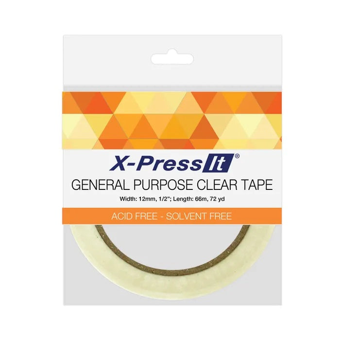 X-Press It general purpose clear tape packaging with geometric design. 12mm width. 