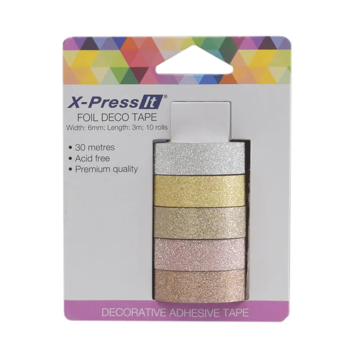 X-Press It glitter deco tape packaging with five rolls of glitter tapes in metallic colours. 