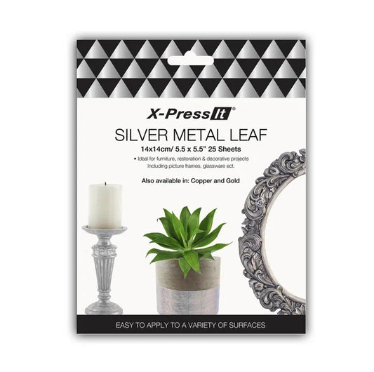X-Press It Silver Metal Leaf packaging with decorative items. 