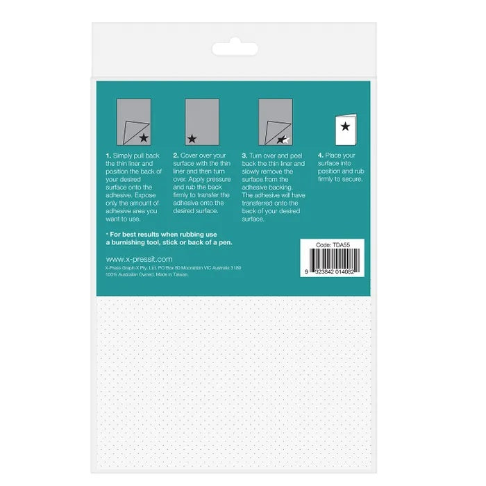 Back of a packaging for X-Press It Transfer Adhesive Sheets with instructions and branding. 